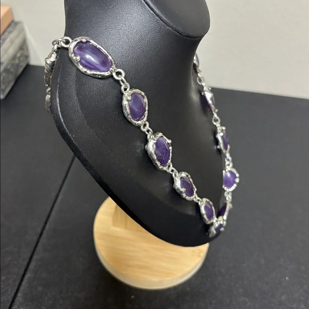 Purple Stone Linked Silver Tone Necklace Geometric Long Native American Western